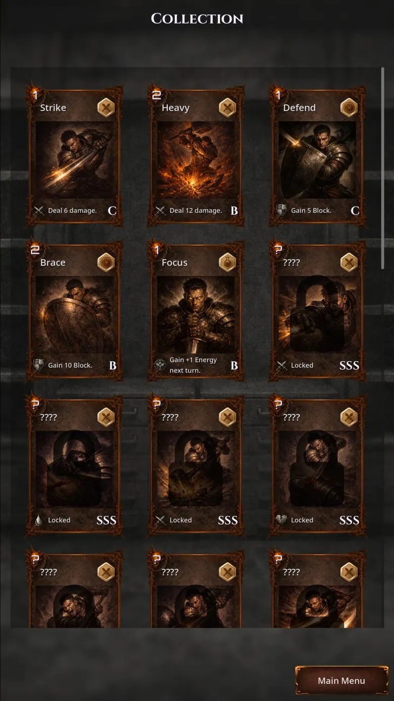 Màn hình bộ sưu tập thẻ bài với các lá đã mở khóa Strike, Heavy, Defend, Brace và Focus kèm chi phí và hiệu ứng, cùng vài lá hạng SSS vẫn bị khóa