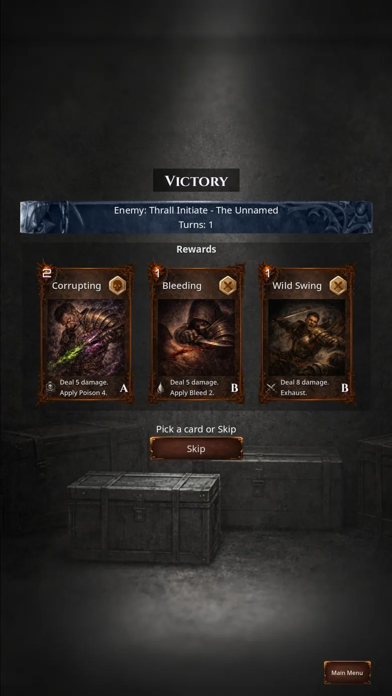 Màn hình chiến thắng sau khi hạ Thrall Initiate, the Unnamed, chỉ trong một lượt, đưa ra các lá bài thưởng Corrupting, Bleeding và Wild Swing cùng lời nhắc chọn một lá hoặc bỏ qua