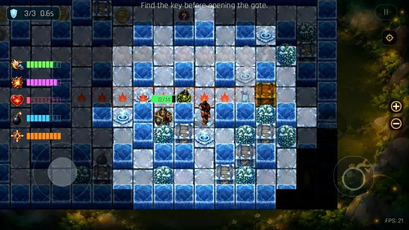 Gameplay BlastFuse ở thế giới Frost: người hùng đứng trên lưới ô phủ băng cạnh một kẻ địch mặc giáp, băng rôn mục tiêu ghi Find the key before opening the gate (tìm chìa khóa trước khi mở cổng)