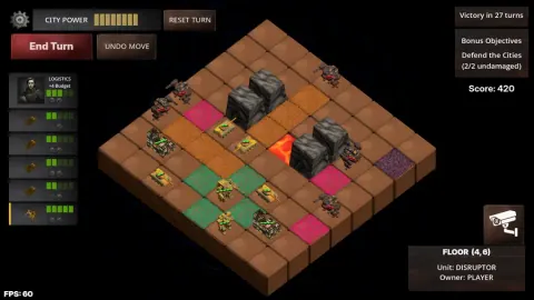 Ảnh chụp gameplay Collapse State: bàn cờ chiến thuật góc nhìn isometric với các đơn vị, ô nguy hiểm và thanh tài nguyên City Power