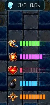 HUD trong gameplay BlastFuse: thời gian khiên, tốc độ, tầm nổ, HP, bom và thanh kỹ năng, mỗi mục có biểu tượng và thanh hiển thị trực tiếp