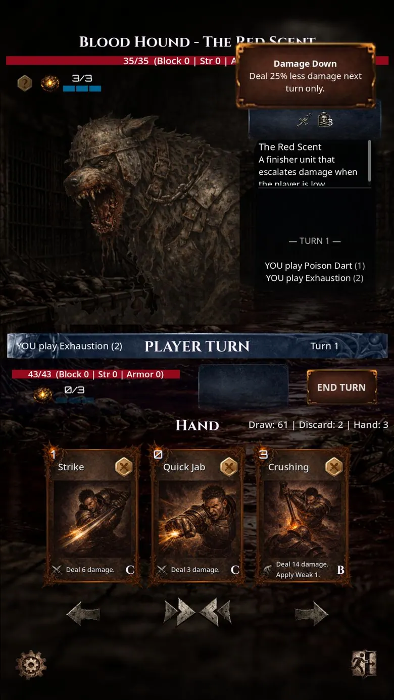 Trận đấu với Blood Hound, the Red Scent, một con quái thú bị xích. Ô chú thích Damage Down ghi Deal 25% less damage next turn only (chỉ trong lượt tới, gây ít hơn 25% sát thương); trên tay có Strike, Quick Jab và Crushing